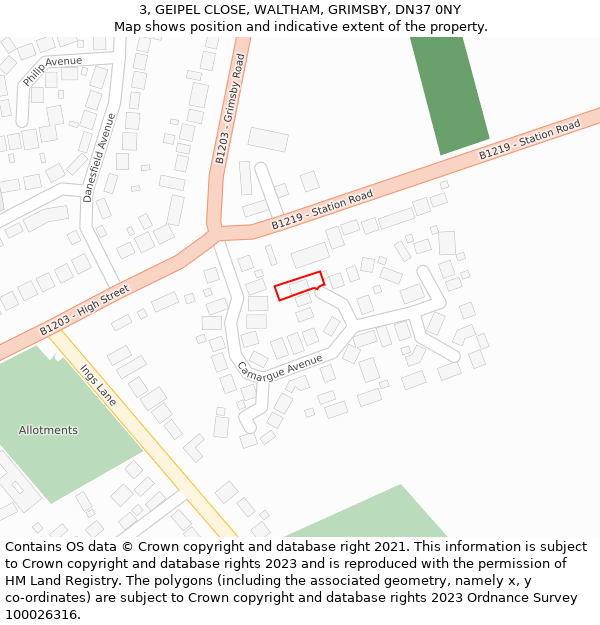 3, GEIPEL CLOSE, WALTHAM, GRIMSBY, DN37 0NY: Location map and indicative extent of plot