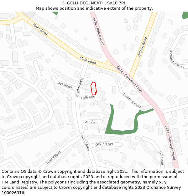 3, GELLI DEG, NEATH, SA10 7PL: Location map and indicative extent of plot