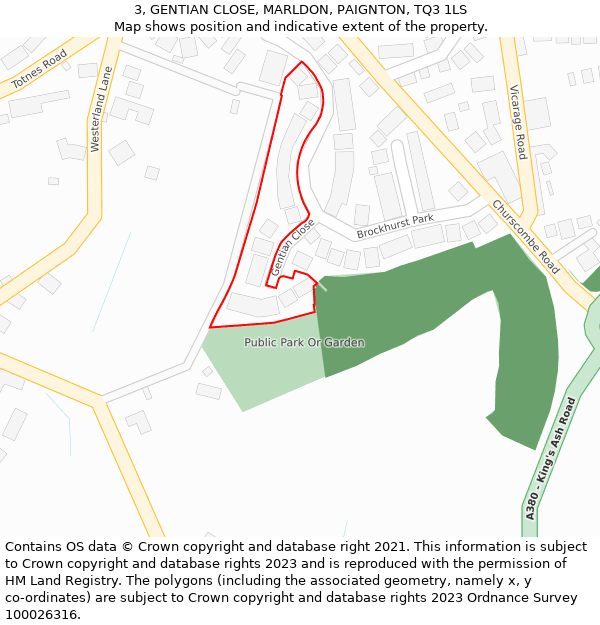 3, GENTIAN CLOSE, MARLDON, PAIGNTON, TQ3 1LS: Location map and indicative extent of plot