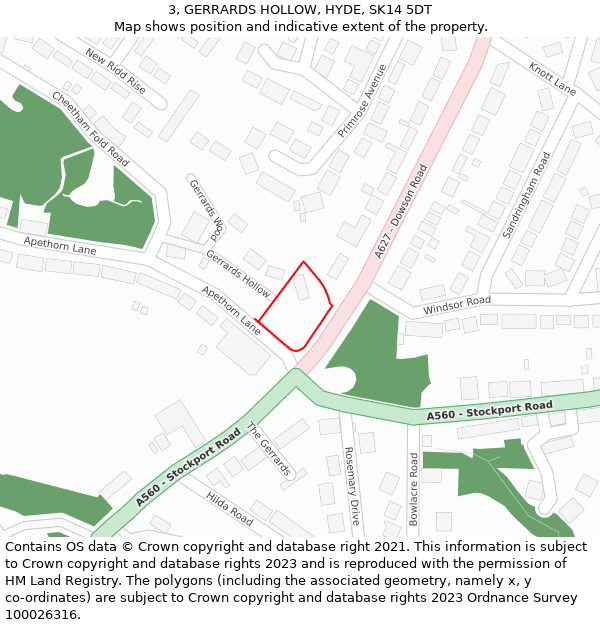 3, GERRARDS HOLLOW, HYDE, SK14 5DT: Location map and indicative extent of plot