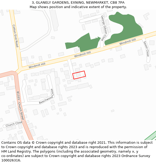 3, GLANELY GARDENS, EXNING, NEWMARKET, CB8 7PA: Location map and indicative extent of plot