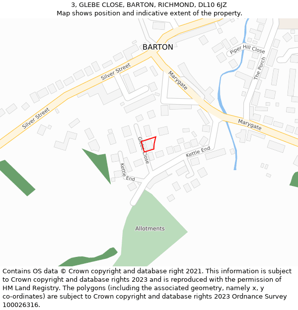 3, GLEBE CLOSE, BARTON, RICHMOND, DL10 6JZ: Location map and indicative extent of plot