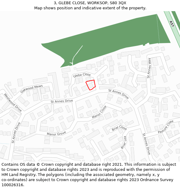 3, GLEBE CLOSE, WORKSOP, S80 3QX: Location map and indicative extent of plot