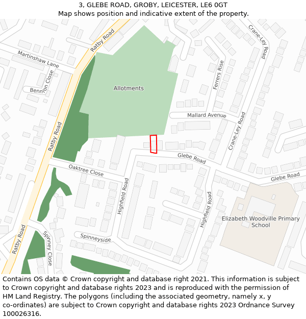 3, GLEBE ROAD, GROBY, LEICESTER, LE6 0GT: Location map and indicative extent of plot