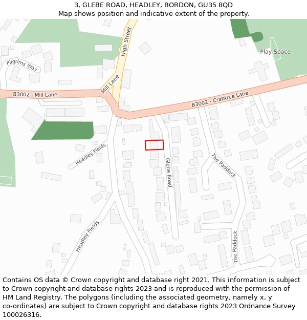 3, GLEBE ROAD, HEADLEY, BORDON, GU35 8QD: Location map and indicative extent of plot