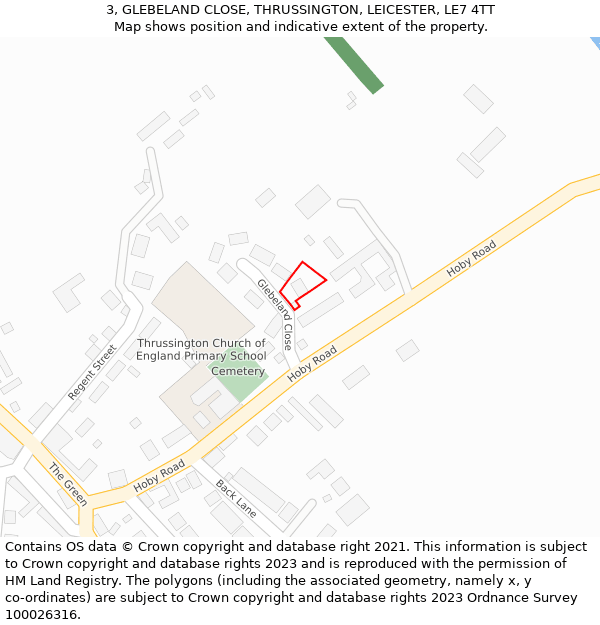 3, GLEBELAND CLOSE, THRUSSINGTON, LEICESTER, LE7 4TT: Location map and indicative extent of plot