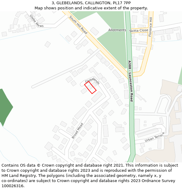 3, GLEBELANDS, CALLINGTON, PL17 7PP: Location map and indicative extent of plot