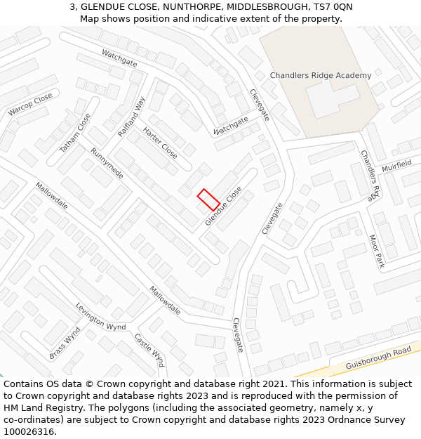 3, GLENDUE CLOSE, NUNTHORPE, MIDDLESBROUGH, TS7 0QN: Location map and indicative extent of plot