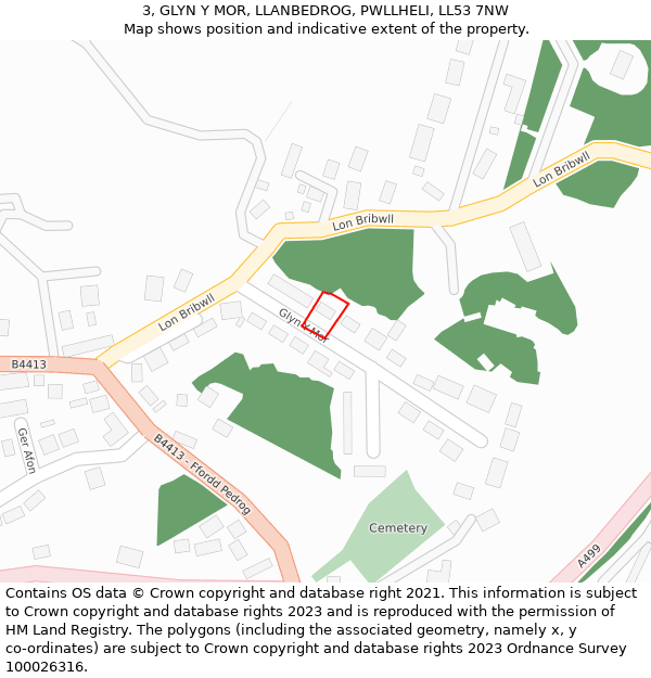 3, GLYN Y MOR, LLANBEDROG, PWLLHELI, LL53 7NW: Location map and indicative extent of plot
