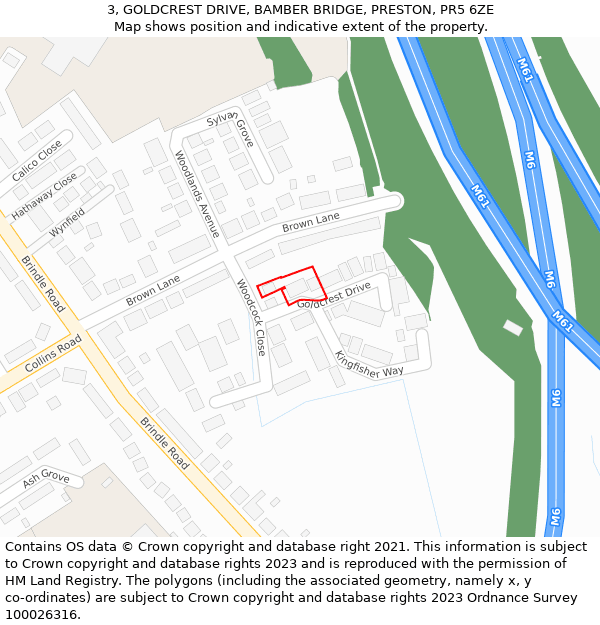 3, GOLDCREST DRIVE, BAMBER BRIDGE, PRESTON, PR5 6ZE: Location map and indicative extent of plot