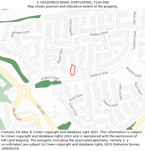 3, GOLDFINCH ROAD, HARTLEPOOL, TS26 0SN: Location map and indicative extent of plot