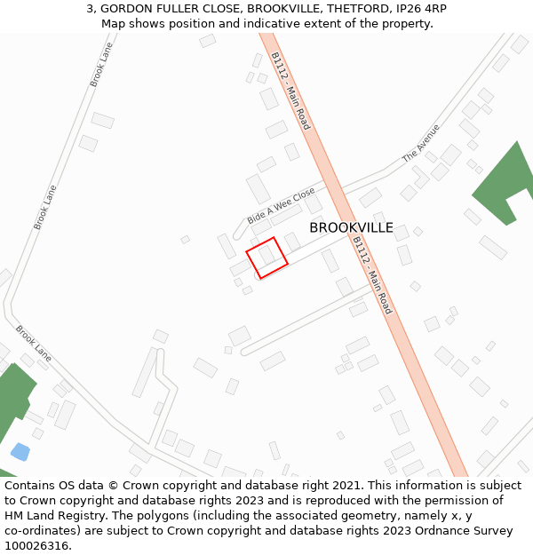 3, GORDON FULLER CLOSE, BROOKVILLE, THETFORD, IP26 4RP: Location map and indicative extent of plot