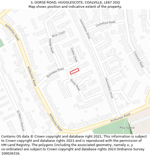 3, GORSE ROAD, HUGGLESCOTE, COALVILLE, LE67 2GQ: Location map and indicative extent of plot