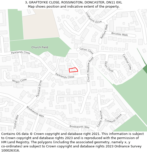 3, GRAFTDYKE CLOSE, ROSSINGTON, DONCASTER, DN11 0XL: Location map and indicative extent of plot