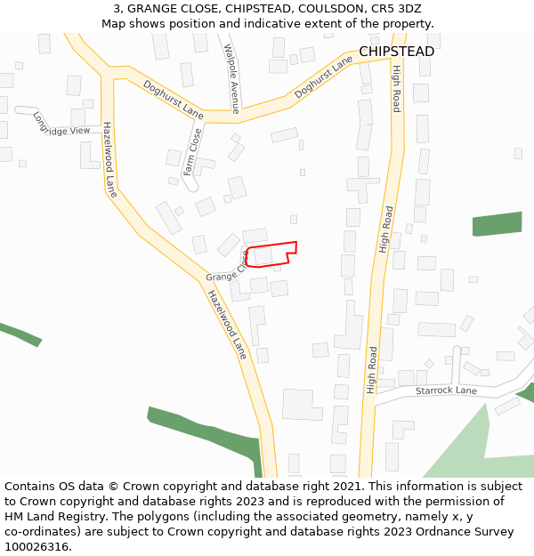 3, GRANGE CLOSE, CHIPSTEAD, COULSDON, CR5 3DZ: Location map and indicative extent of plot