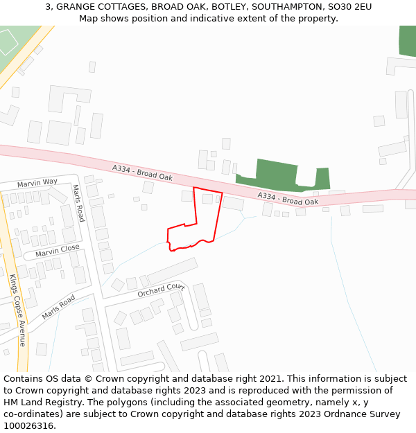 3, GRANGE COTTAGES, BROAD OAK, BOTLEY, SOUTHAMPTON, SO30 2EU: Location map and indicative extent of plot