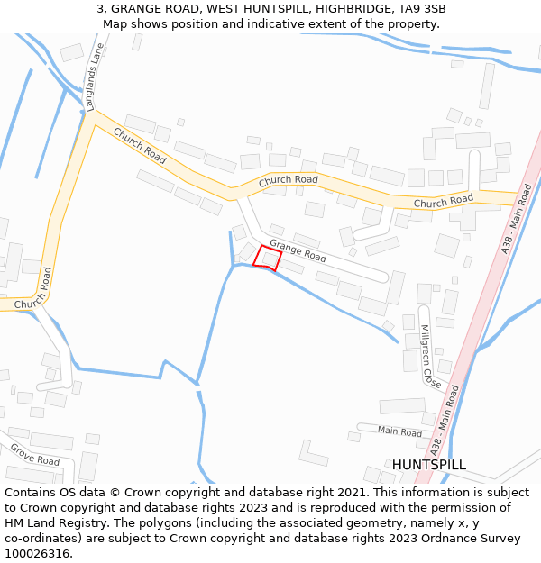 3, GRANGE ROAD, WEST HUNTSPILL, HIGHBRIDGE, TA9 3SB: Location map and indicative extent of plot