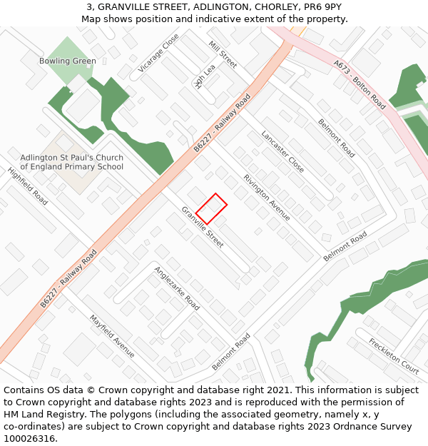 3, GRANVILLE STREET, ADLINGTON, CHORLEY, PR6 9PY: Location map and indicative extent of plot