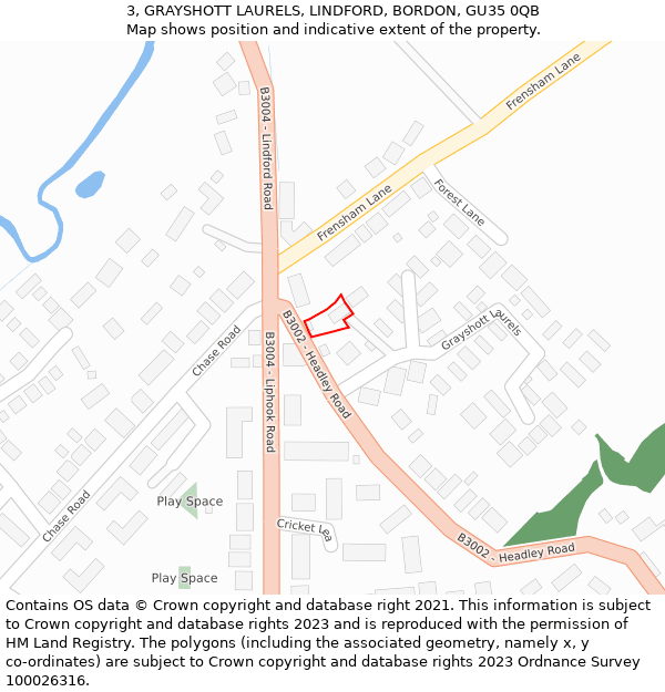 3, GRAYSHOTT LAURELS, LINDFORD, BORDON, GU35 0QB: Location map and indicative extent of plot