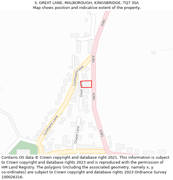 3, GREAT LANE, MALBOROUGH, KINGSBRIDGE, TQ7 3SA: Location map and indicative extent of plot