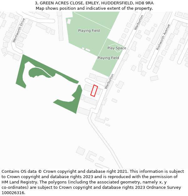 3, GREEN ACRES CLOSE, EMLEY, HUDDERSFIELD, HD8 9RA: Location map and indicative extent of plot