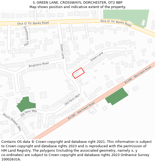 3, GREEN LANE, CROSSWAYS, DORCHESTER, DT2 8BP: Location map and indicative extent of plot