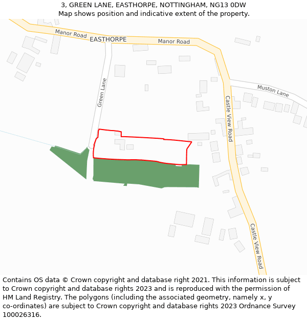 3, GREEN LANE, EASTHORPE, NOTTINGHAM, NG13 0DW: Location map and indicative extent of plot