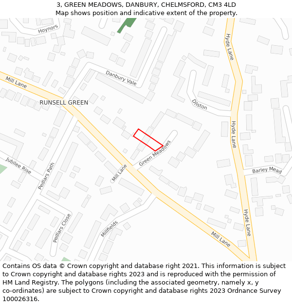 3, GREEN MEADOWS, DANBURY, CHELMSFORD, CM3 4LD: Location map and indicative extent of plot