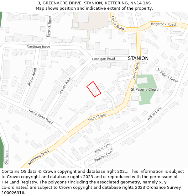 3, GREENACRE DRIVE, STANION, KETTERING, NN14 1AS: Location map and indicative extent of plot