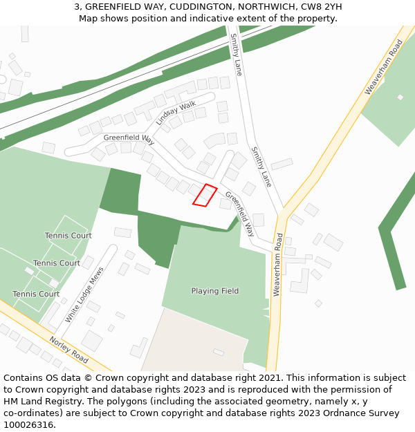 3, GREENFIELD WAY, CUDDINGTON, NORTHWICH, CW8 2YH: Location map and indicative extent of plot