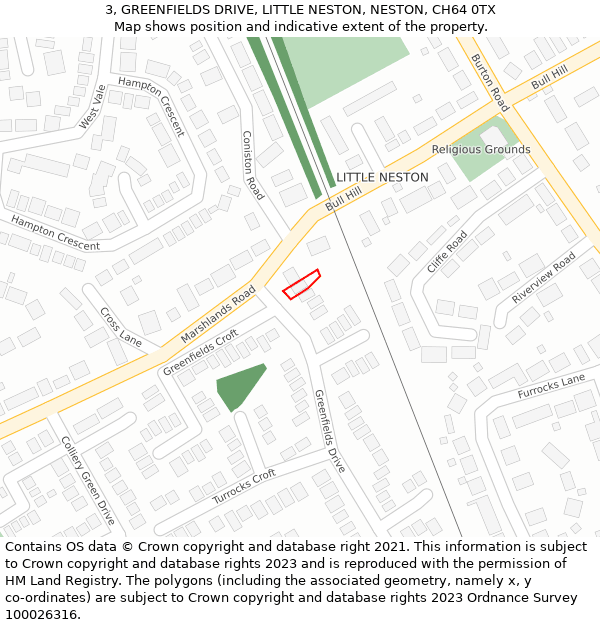 3, GREENFIELDS DRIVE, LITTLE NESTON, NESTON, CH64 0TX: Location map and indicative extent of plot