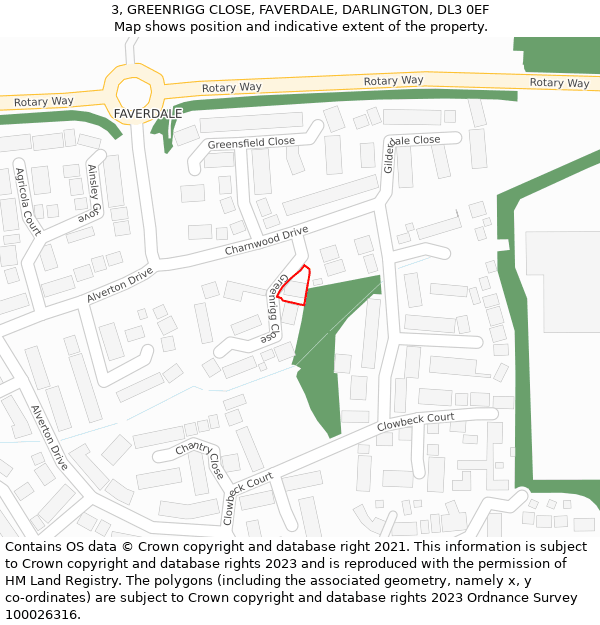 3, GREENRIGG CLOSE, FAVERDALE, DARLINGTON, DL3 0EF: Location map and indicative extent of plot