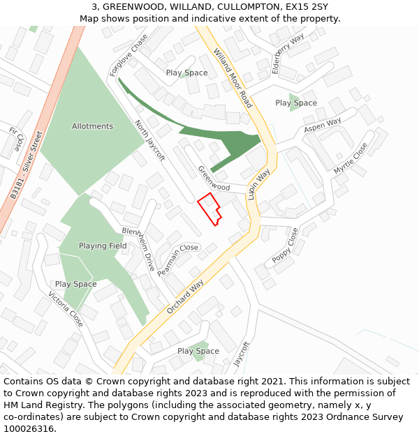 3, GREENWOOD, WILLAND, CULLOMPTON, EX15 2SY: Location map and indicative extent of plot