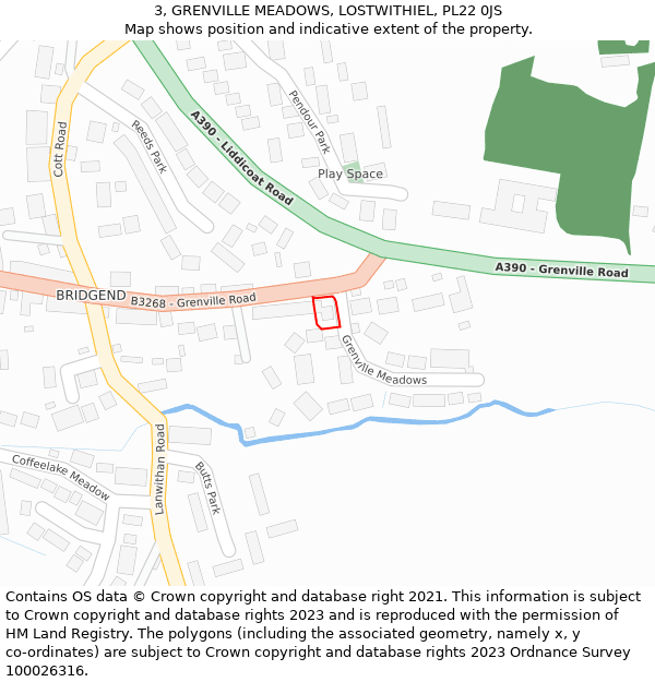 3, GRENVILLE MEADOWS, LOSTWITHIEL, PL22 0JS: Location map and indicative extent of plot