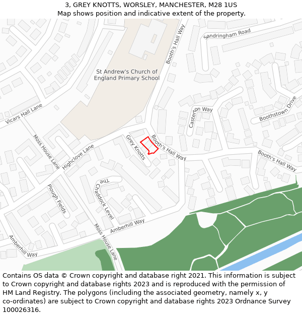 3, GREY KNOTTS, WORSLEY, MANCHESTER, M28 1US: Location map and indicative extent of plot