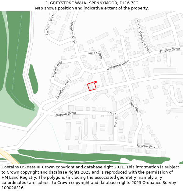 3, GREYSTOKE WALK, SPENNYMOOR, DL16 7FG: Location map and indicative extent of plot