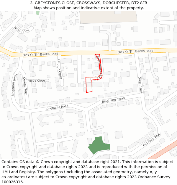 3, GREYSTONES CLOSE, CROSSWAYS, DORCHESTER, DT2 8FB: Location map and indicative extent of plot