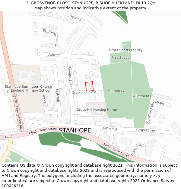 3, GROSVENOR CLOSE, STANHOPE, BISHOP AUCKLAND, DL13 2QA: Location map and indicative extent of plot