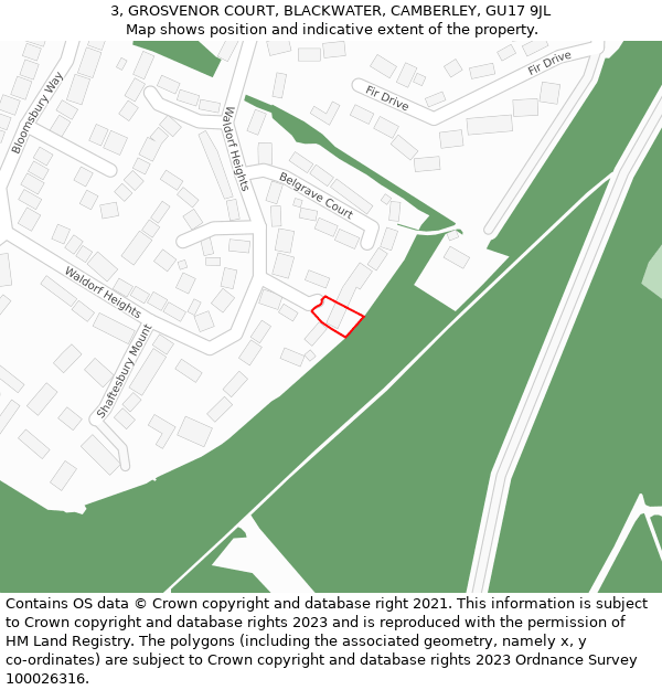 3, GROSVENOR COURT, BLACKWATER, CAMBERLEY, GU17 9JL: Location map and indicative extent of plot