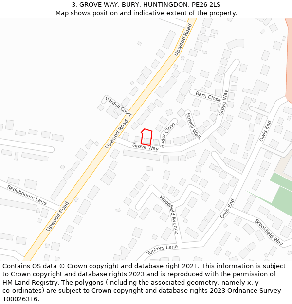3, GROVE WAY, BURY, HUNTINGDON, PE26 2LS: Location map and indicative extent of plot