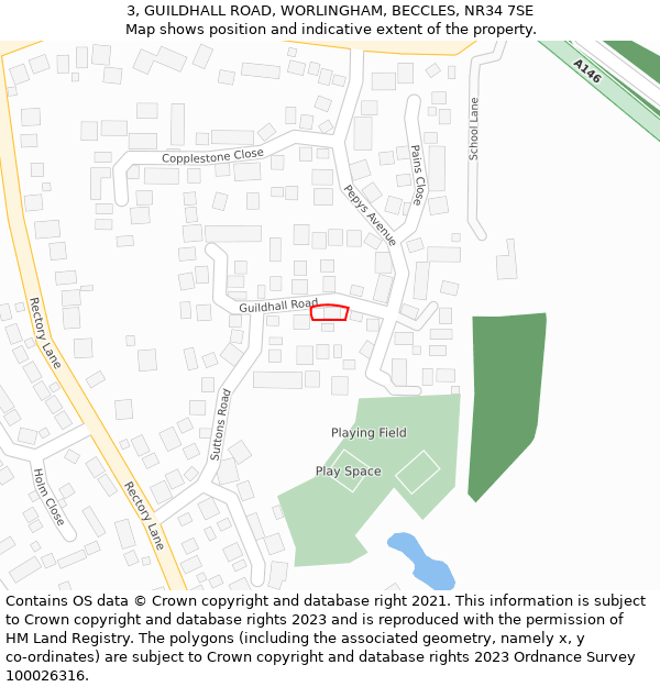 3, GUILDHALL ROAD, WORLINGHAM, BECCLES, NR34 7SE: Location map and indicative extent of plot