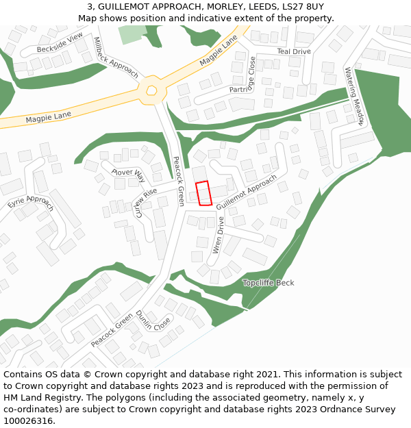 3, GUILLEMOT APPROACH, MORLEY, LEEDS, LS27 8UY: Location map and indicative extent of plot