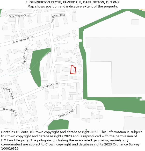 3, GUNNERTON CLOSE, FAVERDALE, DARLINGTON, DL3 0NZ: Location map and indicative extent of plot