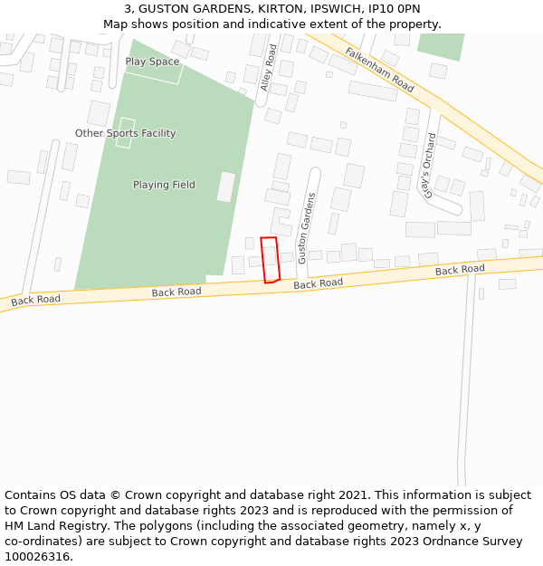 3, GUSTON GARDENS, KIRTON, IPSWICH, IP10 0PN: Location map and indicative extent of plot