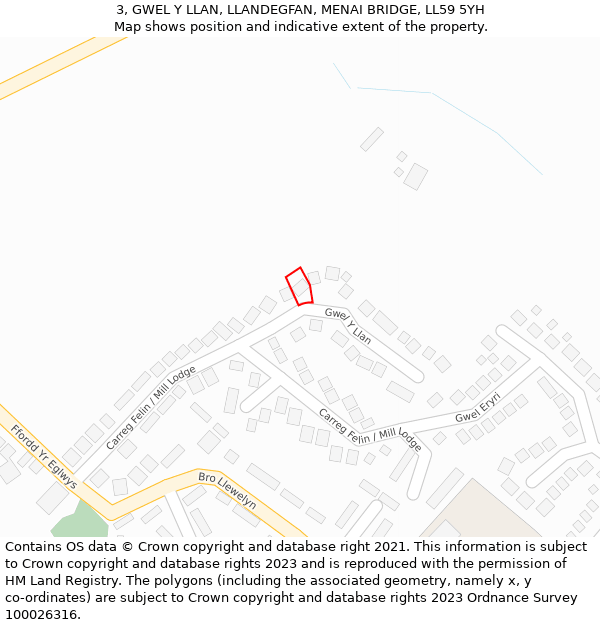 3, GWEL Y LLAN, LLANDEGFAN, MENAI BRIDGE, LL59 5YH: Location map and indicative extent of plot