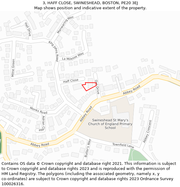 3, HAFF CLOSE, SWINESHEAD, BOSTON, PE20 3EJ: Location map and indicative extent of plot