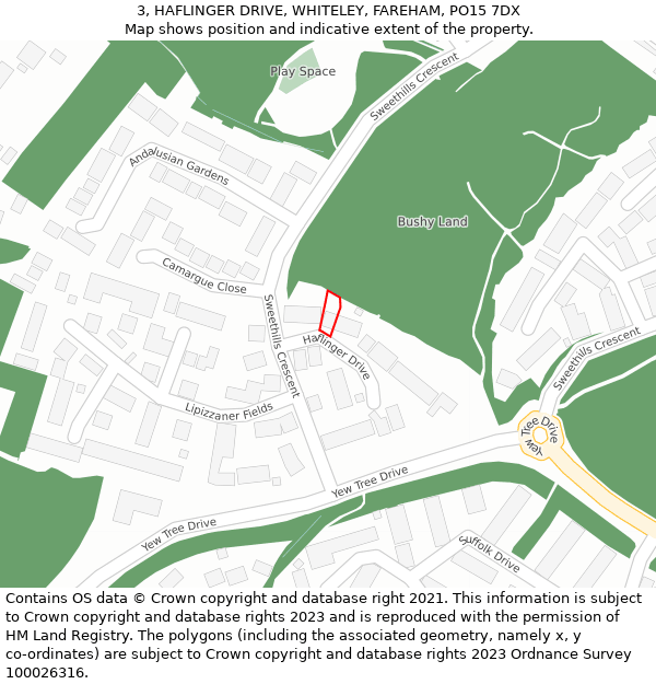 3, HAFLINGER DRIVE, WHITELEY, FAREHAM, PO15 7DX: Location map and indicative extent of plot