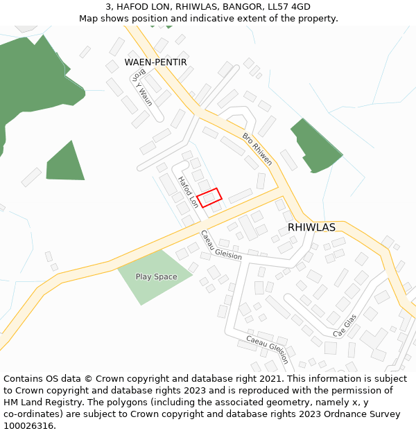 3, HAFOD LON, RHIWLAS, BANGOR, LL57 4GD: Location map and indicative extent of plot