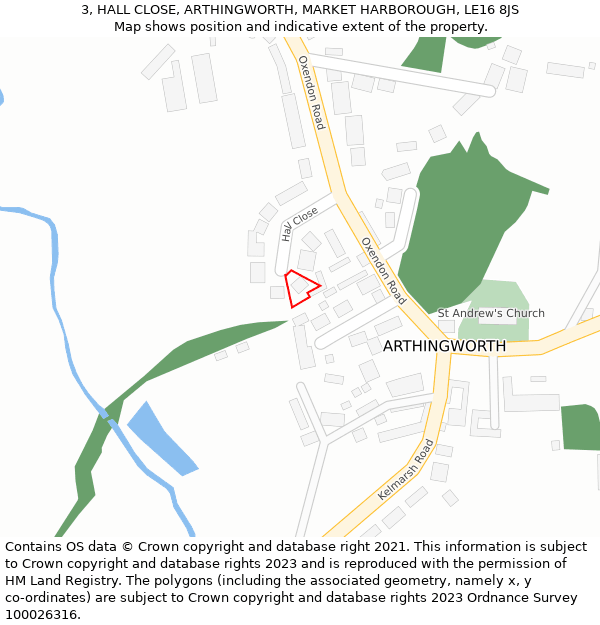 3, HALL CLOSE, ARTHINGWORTH, MARKET HARBOROUGH, LE16 8JS: Location map and indicative extent of plot