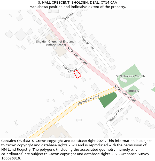 3, HALL CRESCENT, SHOLDEN, DEAL, CT14 0AA: Location map and indicative extent of plot